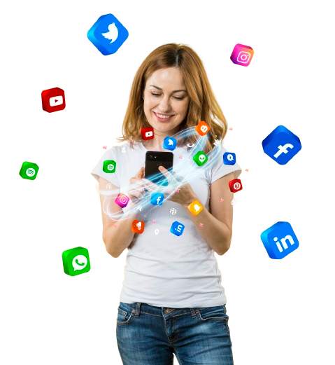 front-view-woman-holding-smartphone-social media-icons-around-smm