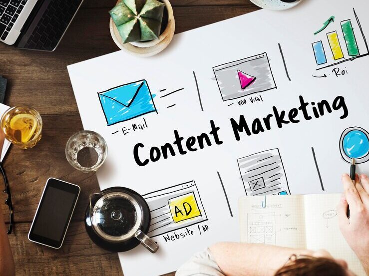 content marketing with text and ads and email icons over a paper