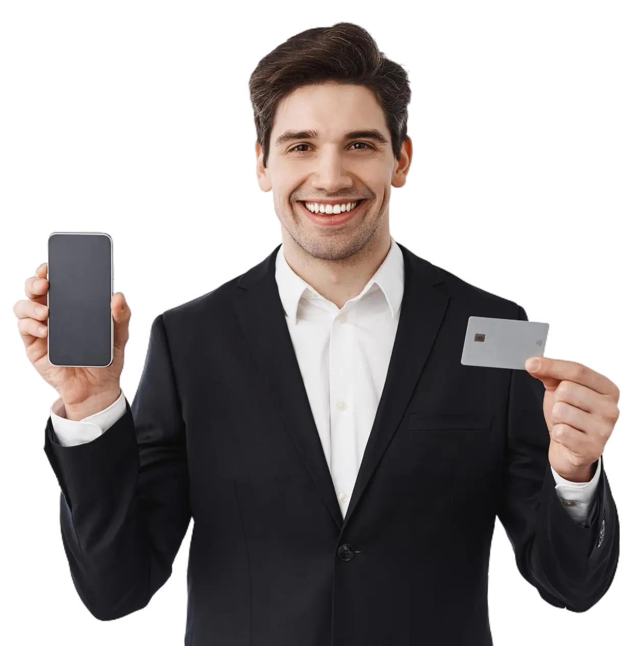 handsome-bank-clerk-showing-smartphone-screen-plastic-credit-card-smiling-confident-standing-against-white-background-black-suit- communik marketing